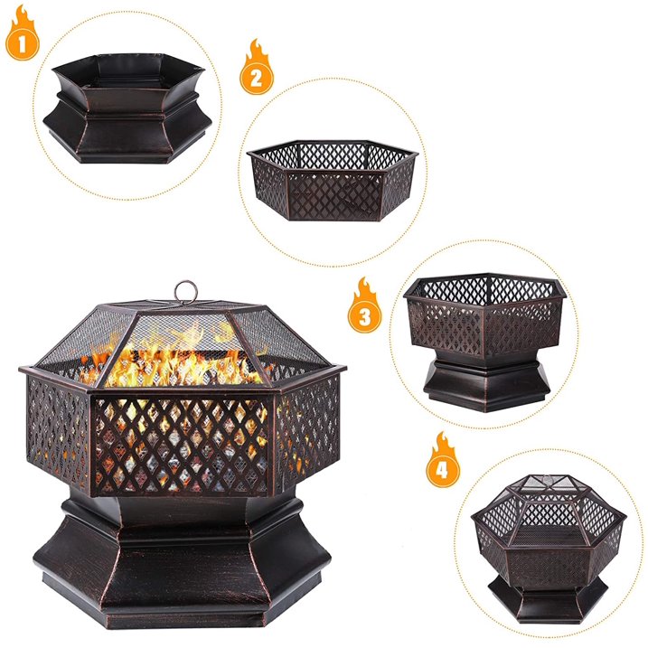 GARTIO 28"/ 30" Hex Shaped Steel Fire Pit, Wood Burning Fireplace Firepit Bowl with Spark Screen Patio Backyard Heater