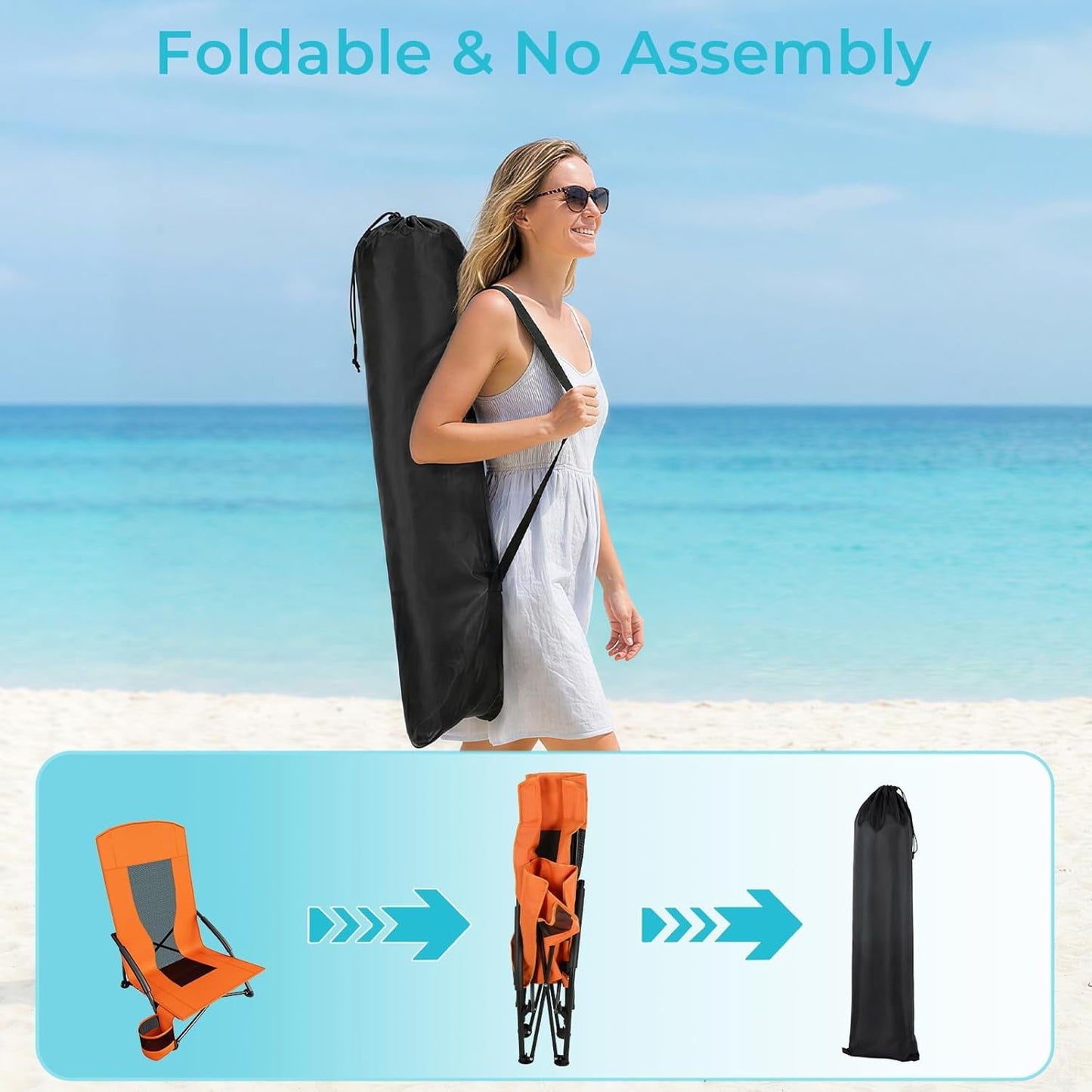 LAZY BUDDY High Back Beach Chair Set of 2, Portable Folding Low Seat Chair for Camping, Beach, Outdoor Concert, 350lbs
