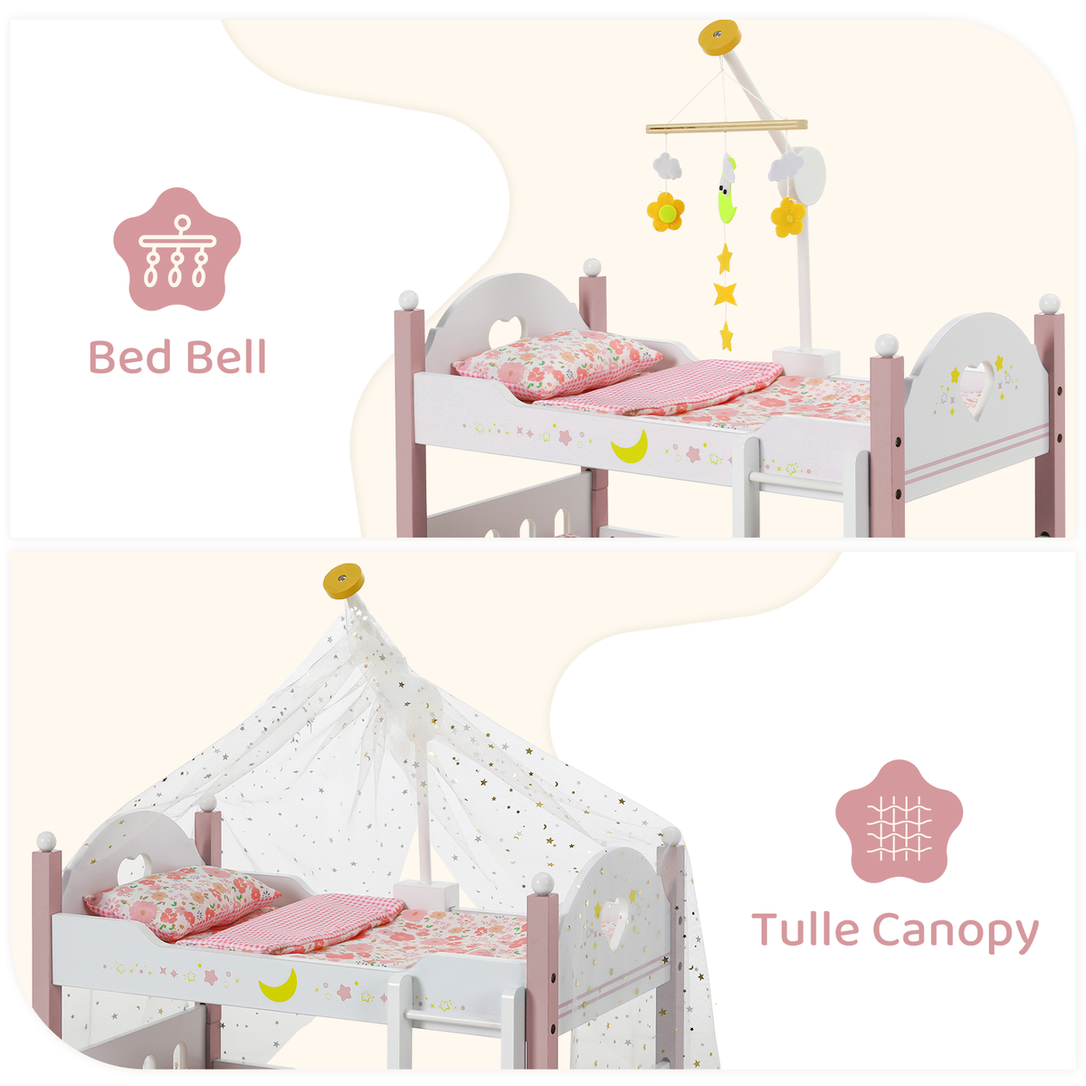 LAZY BUDDY Wooden Bunk Bed for Dolls up to 19in, Baby Dolls Crib with Bedding, Pretend Play Toy for Kids 3+