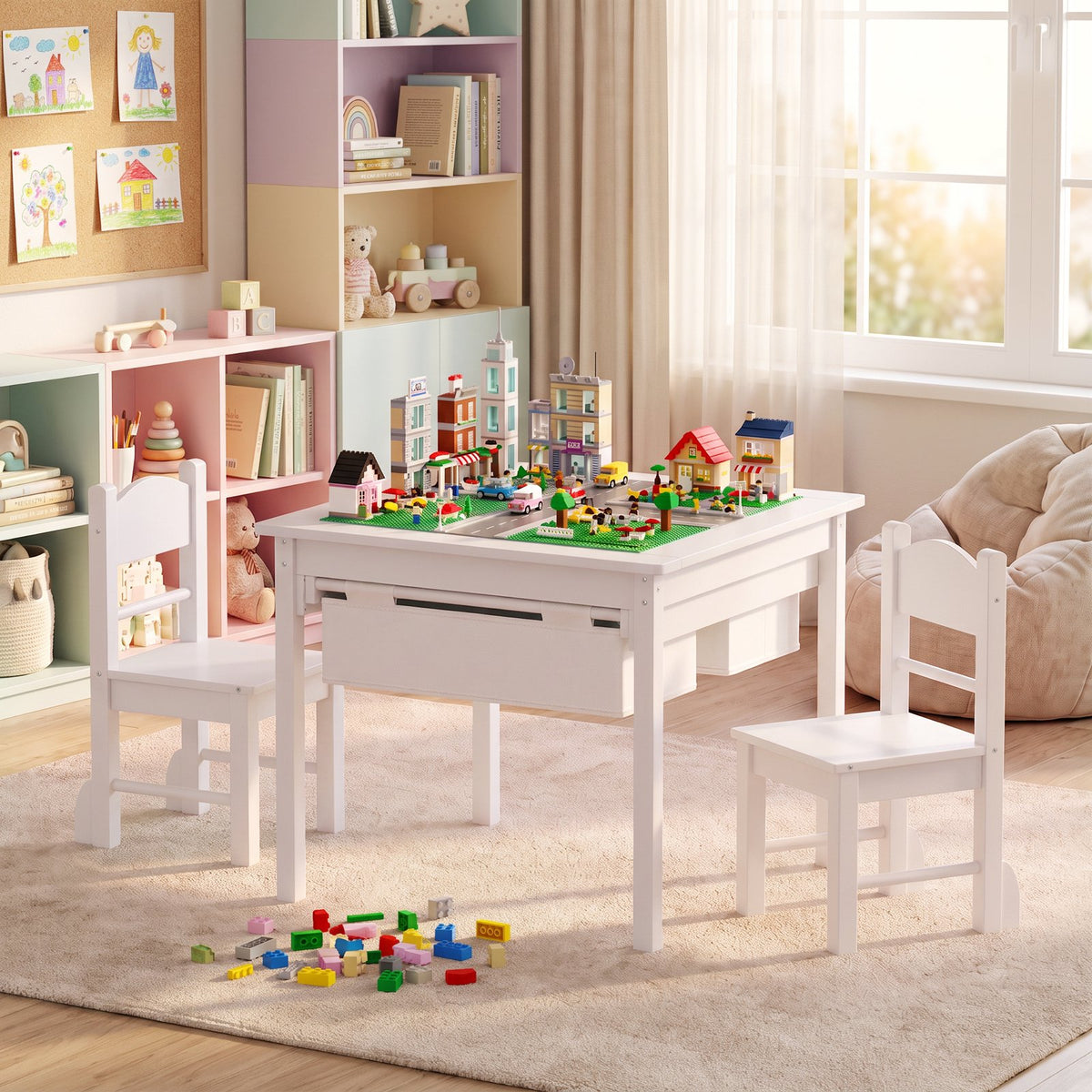 LAZY BUDDY Wooden Toddler Table and Chairs Set, Kids Play Activity Table Set with Reversible Tabletop & 2 Storage Drawers, for Drawing Reading Dining