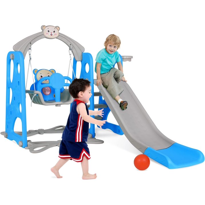 LAZY BUDDY Toddler Slide and Swing Set, 4 in 1 Kids Slide Playset with Basketball Hoop, HDPE Freestanding Playset for In/Outdoor, Blue