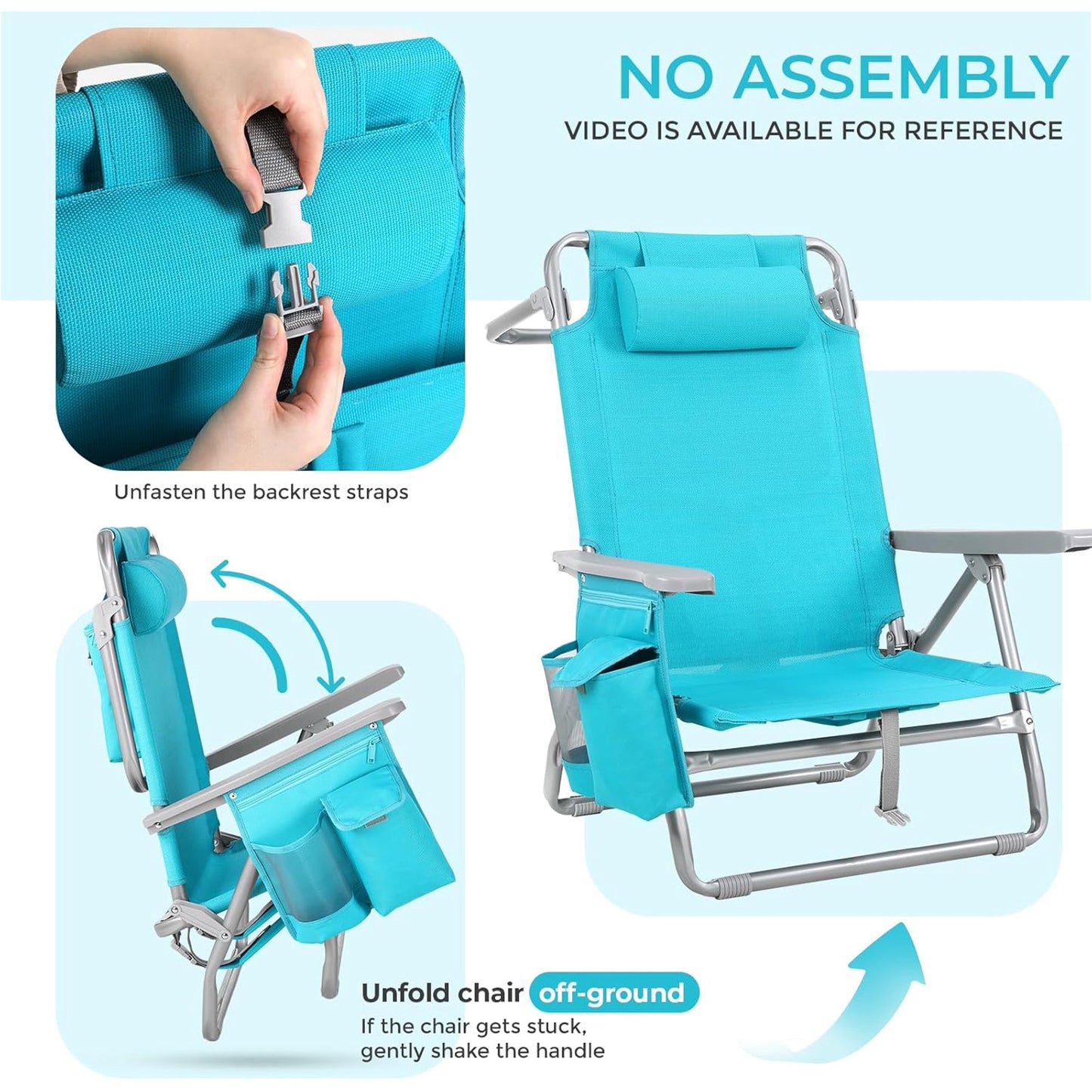 LAZY BUDDY  Low Beach Chair, Backpack Beach Chair for Adults with 5-Position, Lightweight Folding Beach Camping Chairs with Cup Holder, Storage Bag