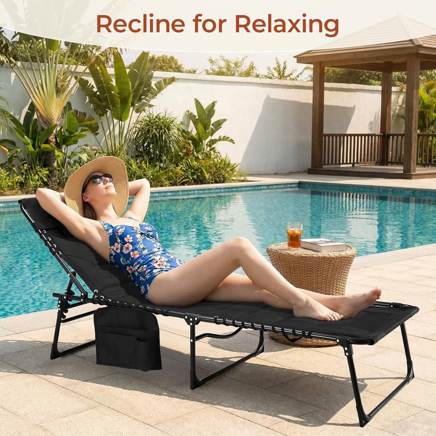 LAZY BUDDY Adjustable Padded Lounge Chair, Folding Chaise Lounger with Pillow & Side Pocket, Portable Reclining Chair with Carrying Handle for Outdoor Sunbathing, Patio, Beach, Poolside