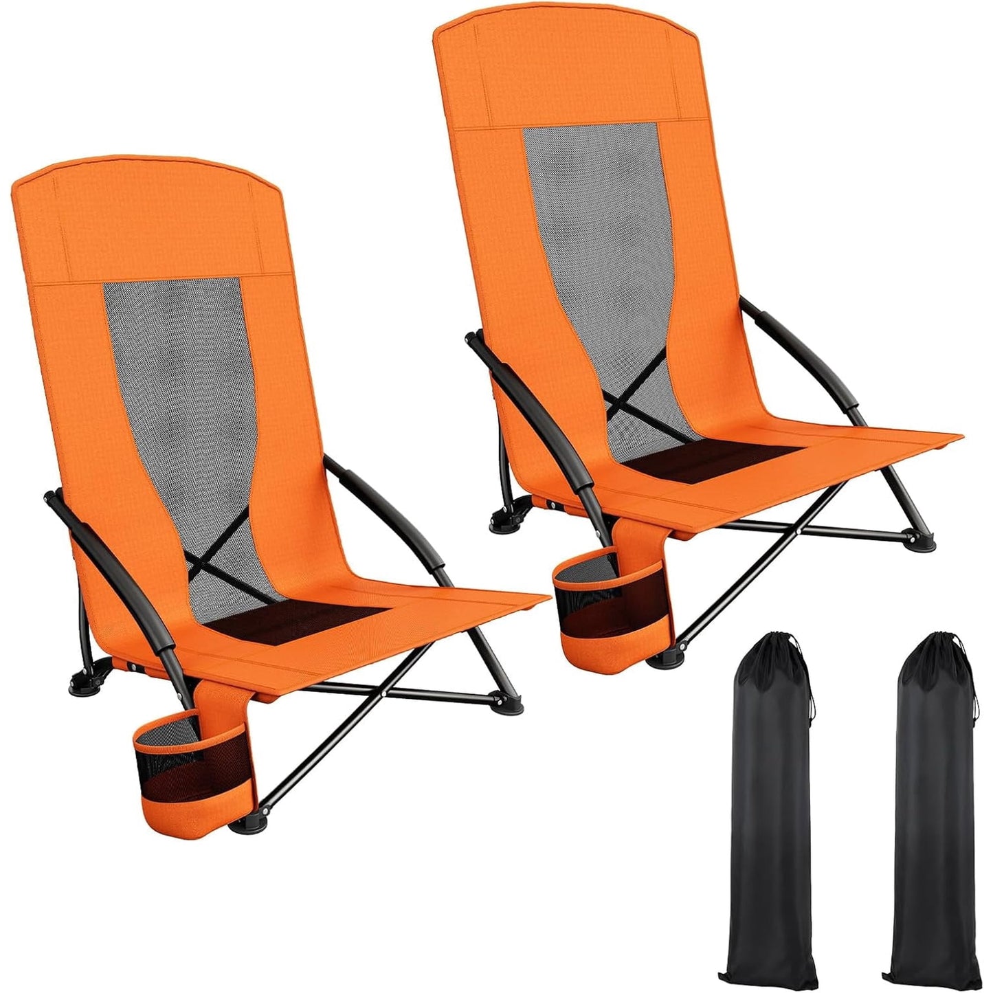 LAZY BUDDY High Back Beach Chair Set of 2, Portable Folding Low Seat Chair for Camping, Beach, Outdoor Concert, 350lbs