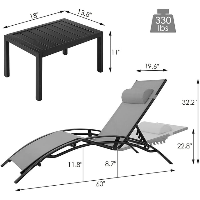 LAZY BUDDY Outdoor Chaise Lounge Chairs, 2pcs Aluminum Pool Reclining Chair with Side Table, Adjustable, 330lbs