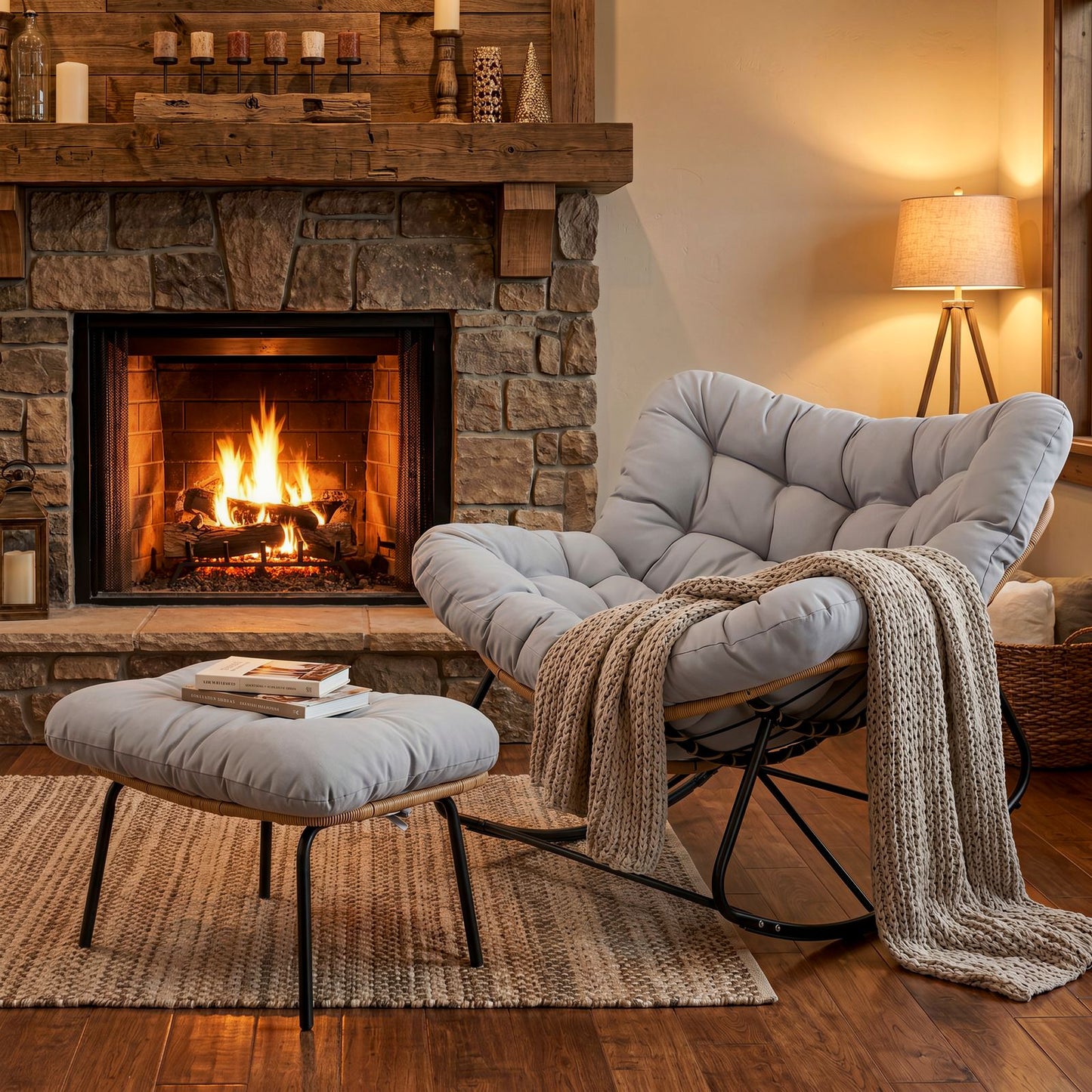 LAZY BUDDY Outdoor Rocking Chair with Ottoman, Oversized Papasan Rocking Chair with Thick Cushion, Indoor Outdoor Cozy Rocker for Balcony, Living Room, Patio