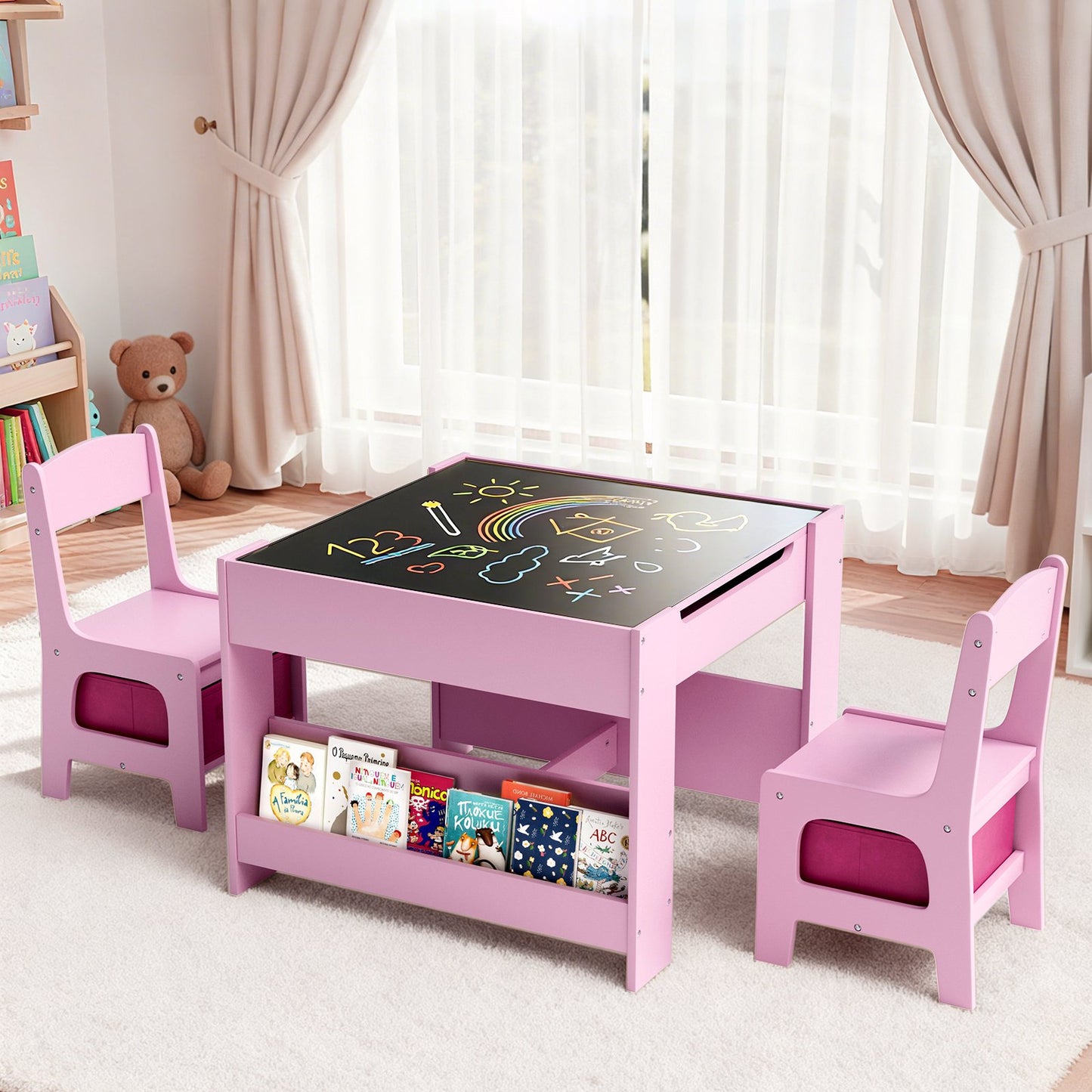 LAZY BUDDY Kids Table and Chairs Set, Toddler Desk with Storage Drawer, Wooden Activity Table Set with Detachable Tabletop, Bookshelf for Classroom/Home/Nursery