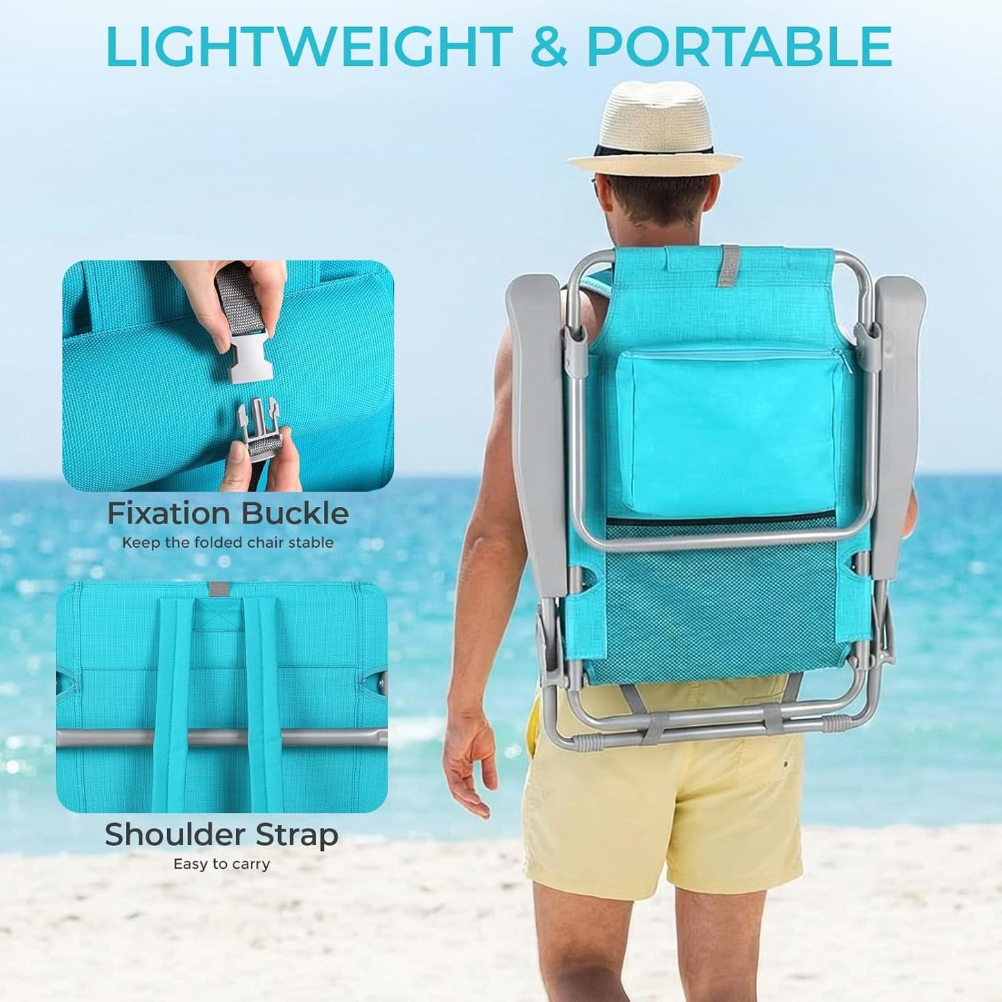 LAZY BUDDY  Low Beach Chair, Backpack Beach Chair for Adults with 5-Position, Lightweight Folding Beach Camping Chairs with Cup Holder, Storage Bag