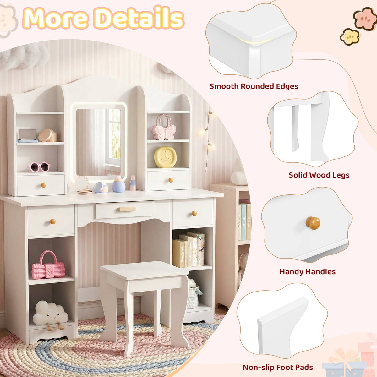 LAZY BUDDY Wooden Kids Vanity Table with Lights, Mirror and Stool, 2 in 1 Toddler Pretend Play Dressing Table with Drawers & Open Shelves for Little Girls