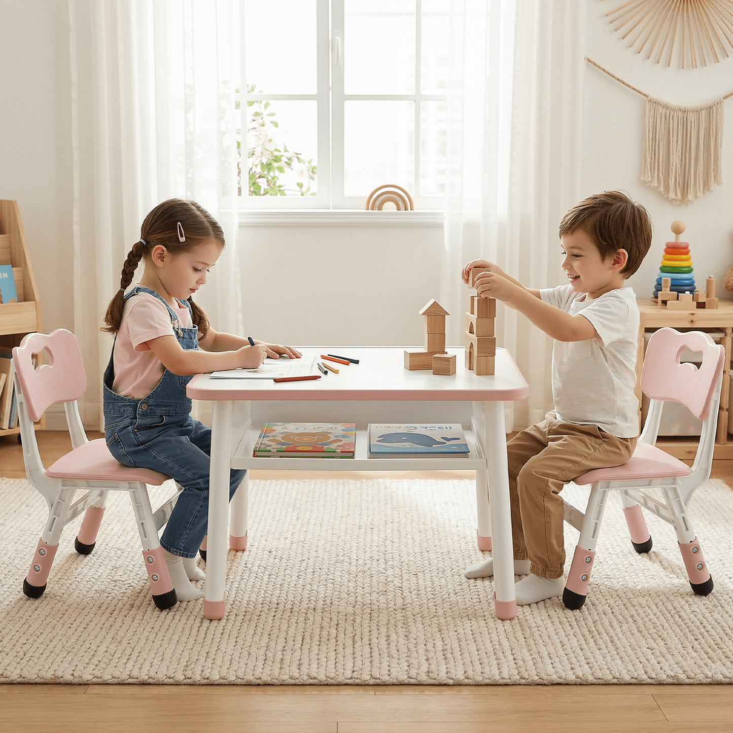 LAZY BUDDY Kids Table and 2 Chairs Set, Toddler Activity Table with Built-in Storage Shelf & Graffiti Desktop, Adjustable Chair
