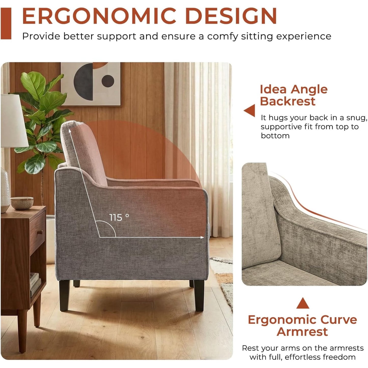 LAZY BUDDY Comfy Accent Chair for Living Room Bedroom and Waiting Room, Upholstered Mid-Century Reading Chair with Removable Cover & Wood Legs, Wide Singe Modern Lounge Sofa