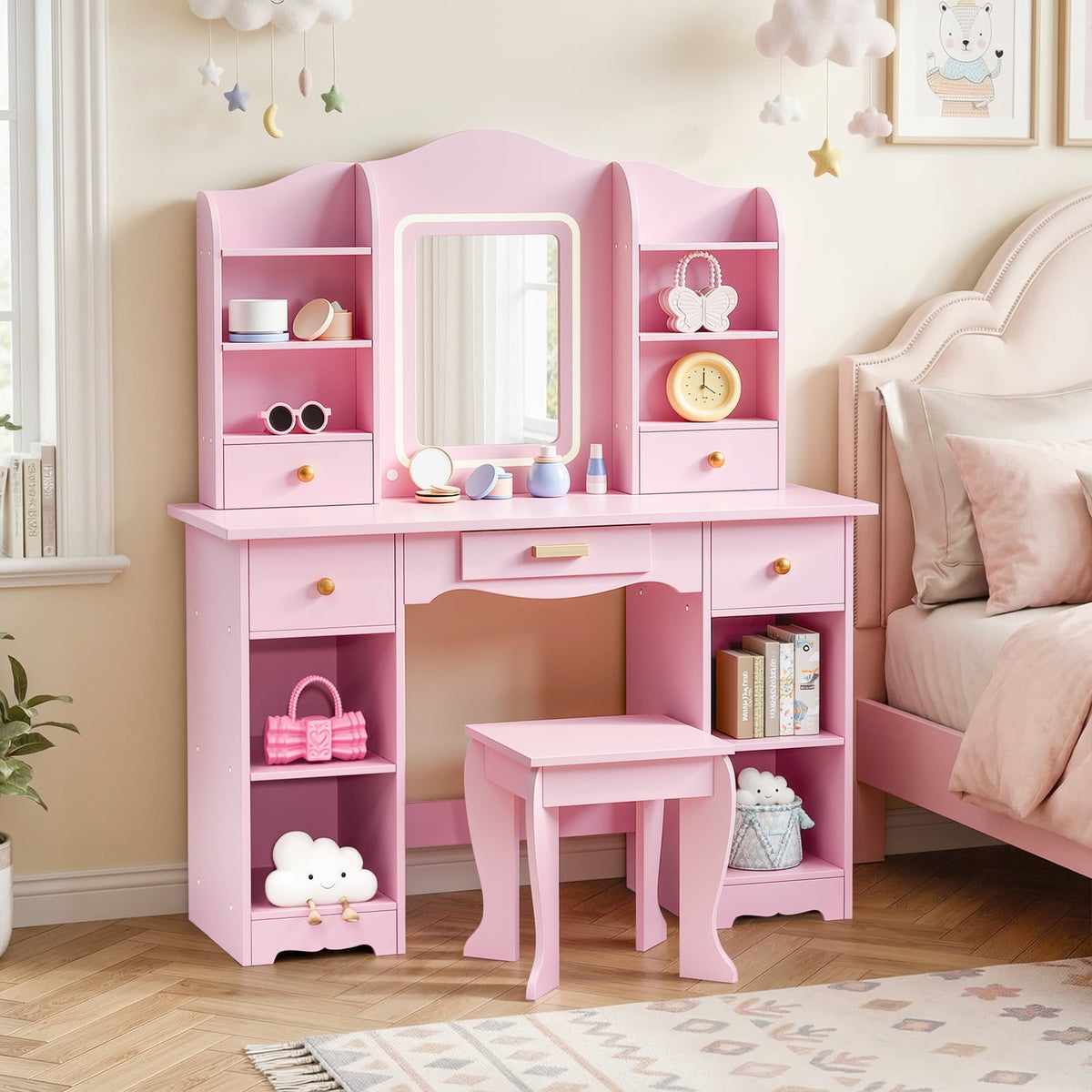 LAZY BUDDY Wooden Kids Vanity Table with Lights, Mirror and Stool, 2 in 1 Toddler Pretend Play Dressing Table with Drawers & Open Shelves for Little Girls
