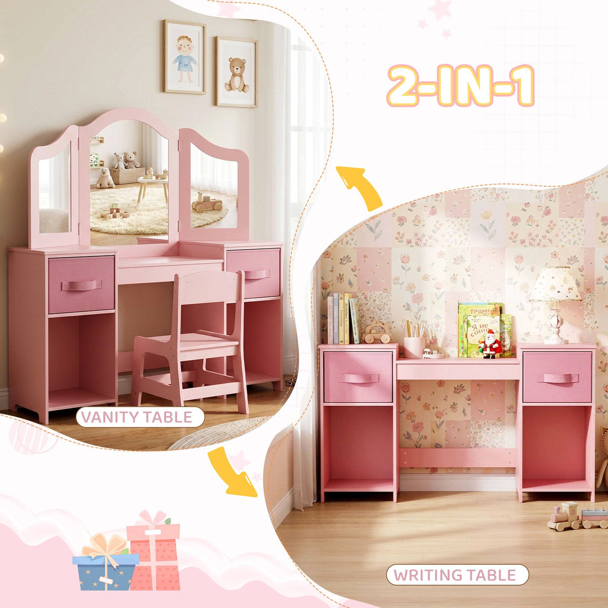 LAZY BUDDY Kids Vanity Set with Mirror and Stool, Toddler Makeup Dressing Table with Chair, Drawers & Storage Shelves, Wooden Princess Pretend Play Vanity for Girls Bedroom