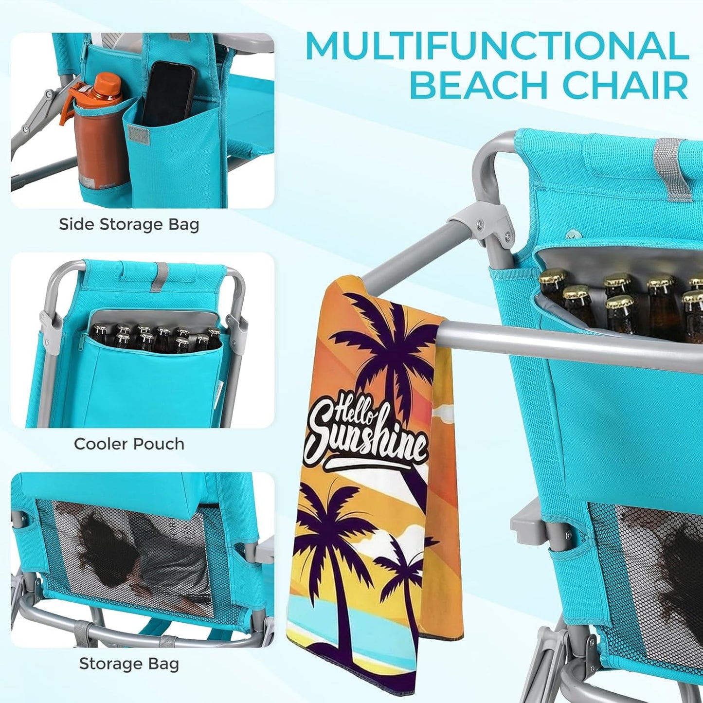 LAZY BUDDY  Low Beach Chair, Backpack Beach Chair for Adults with 5-Position, Lightweight Folding Beach Camping Chairs with Cup Holder, Storage Bag