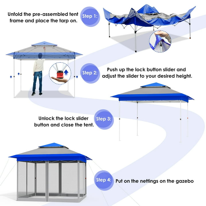 LAZY BUDDY 13ft Pop Up Gazebo, Outdoor Instant Canopy Tent w/4 Netting Sidewall & Auto Extending Eave, Patio Gazebos Shelter w/Mesh Wall, Center Lock, Wheeled Bag for Garden, Yard