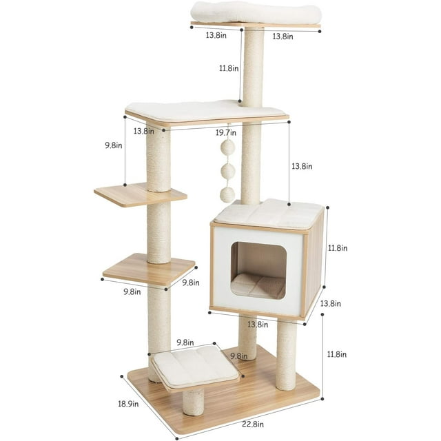 LAZY BUDDY 54.4'' Wooden Cat Tree Condo Multi-Level Cat Climbing Tower Activity Furniture with Scratching Post Washable Mat - Beige