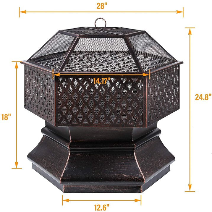 GARTIO 28"/ 30" Hex Shaped Steel Fire Pit, Wood Burning Fireplace Firepit Bowl with Spark Screen Patio Backyard Heater