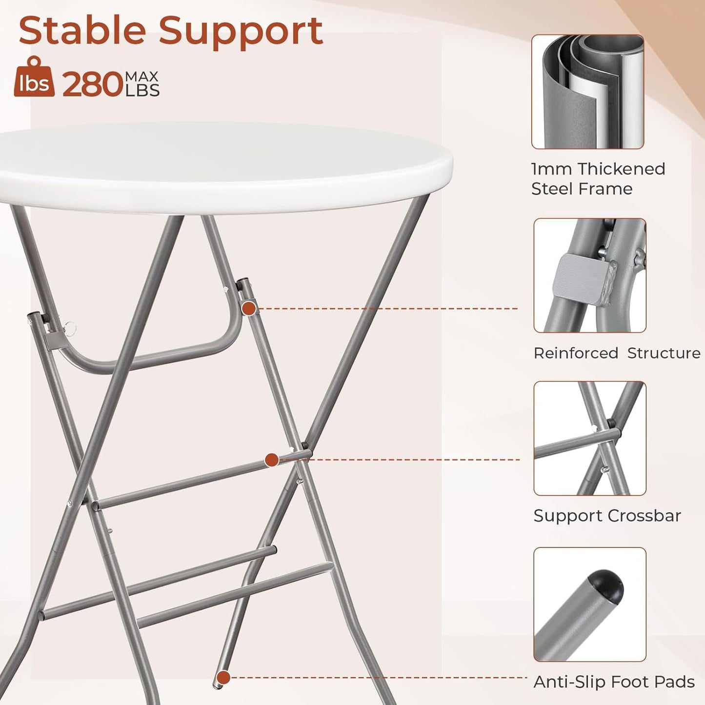 LAZY BUDDY 32'' Round Folding Table, Portable Bar Height Table with Detachable Legs, Cocktail Table with Plastic Top for Standing Parties, Event, Indoor Outdoor Use