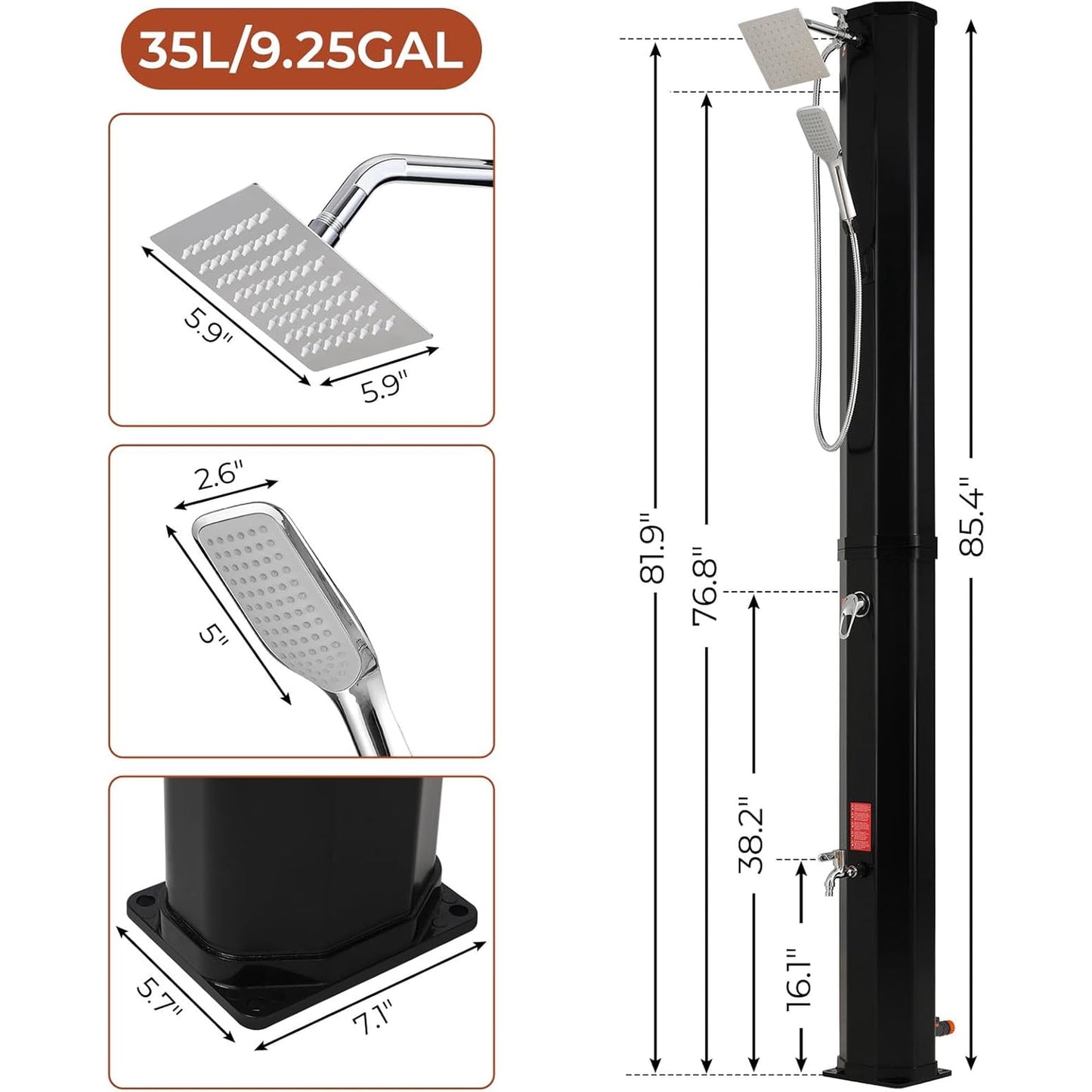 LAZY BUDDY 9.3/10.6/16 Gallon Solar Heated Outdoor Shower, 7.5FT Height Freestanding Outside Shower with 360° Swivel Shower Head, Handheld Shower & Foot Faucet, Temperature Adjustment