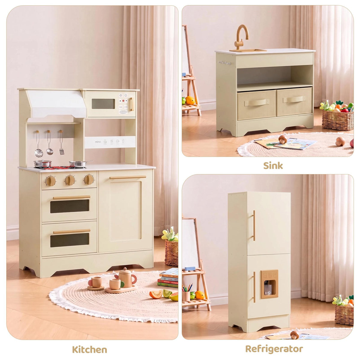 LAZY BUDDY Wooden Pretend Play Kitchen for Kids, 3-Piece Modular Kitchen Playset Toddler Interactive Toy Gift