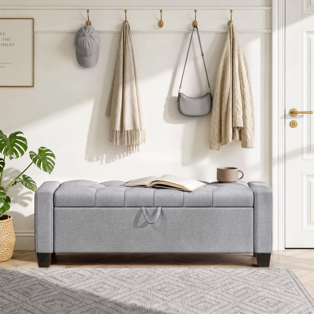 LAZY BUDDY 48'' Ottoman with Storage, Upholstered Storage Ottoman Bench with Safety Hinge, for Bedroom, Living Room, Entryway