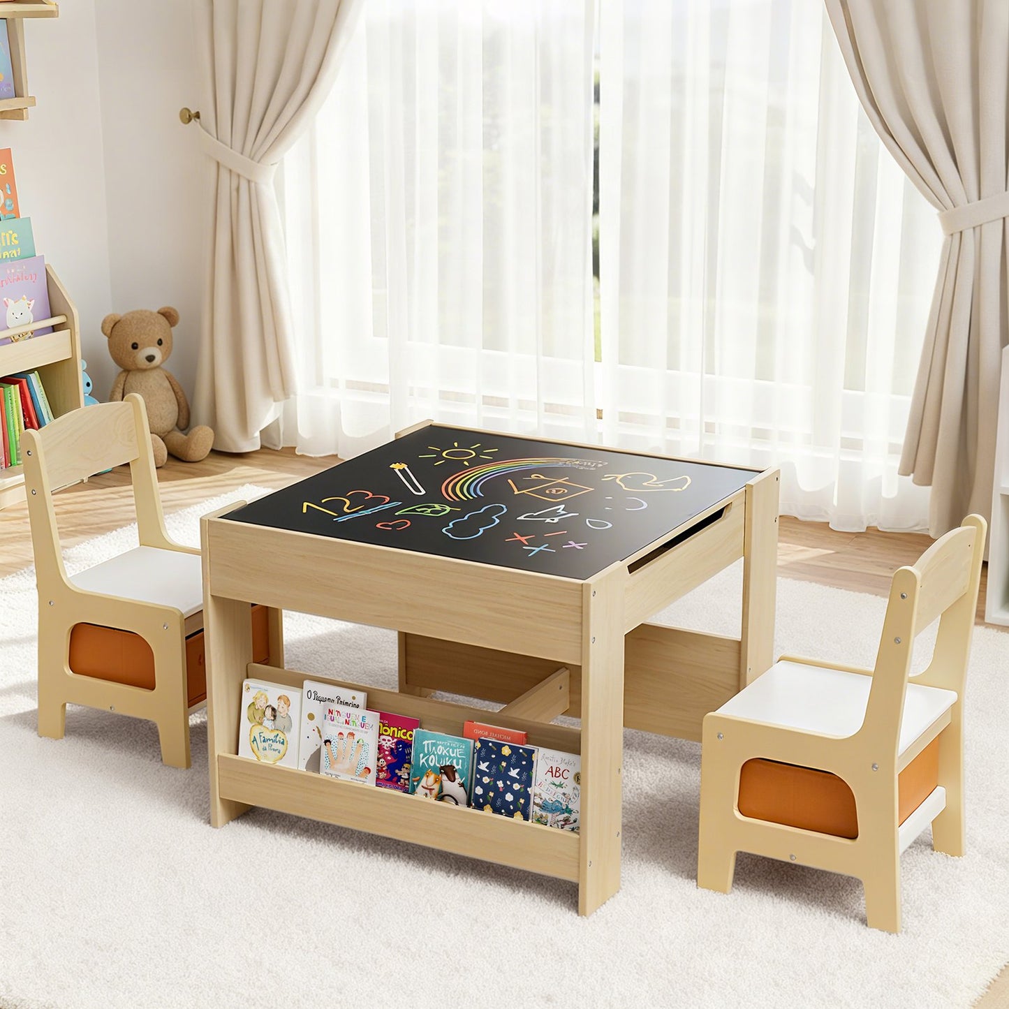 LAZY BUDDY Kids Table and Chairs Set, Toddler Desk with Storage Drawer, Wooden Activity Table Set with Detachable Tabletop, Bookshelf for Classroom/Home/Nursery