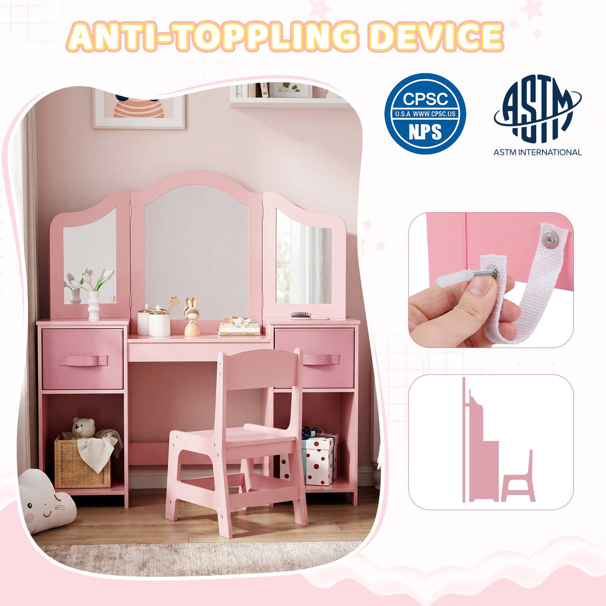 LAZY BUDDY Kids Vanity Set with Mirror and Stool, Toddler Makeup Dressing Table with Chair, Drawers & Storage Shelves, Wooden Princess Pretend Play Vanity for Girls Bedroom