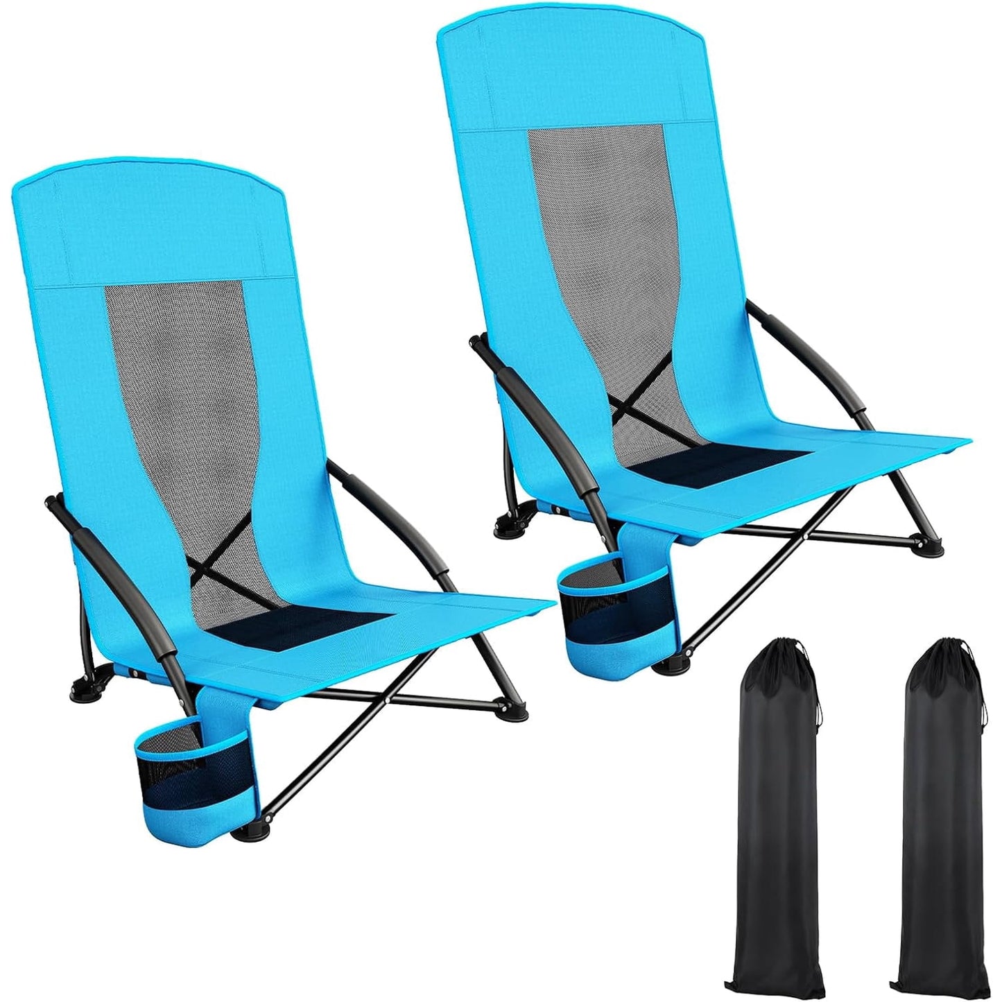 LAZY BUDDY High Back Beach Chair Set of 2, Portable Folding Low Seat Chair for Camping, Beach, Outdoor Concert, 350lbs