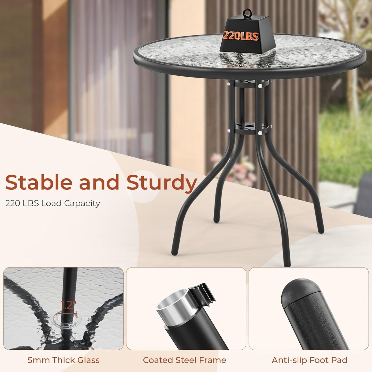LAZY BUDDY 6-Piece Outdoor Patio Dining Set with Umbrella, All-Weather Round Glass Table with 4 Folding Chairs, Metal Frame, for Backyard Deck Garden