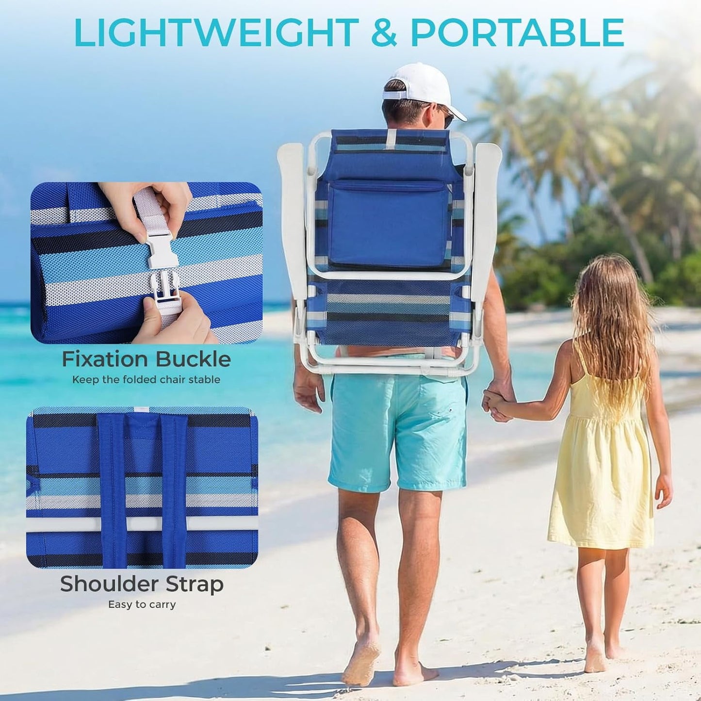 LAZY BUDDY  Low Beach Chair, Backpack Beach Chair for Adults with 5-Position, Lightweight Folding Beach Camping Chairs with Cup Holder, Storage Bag