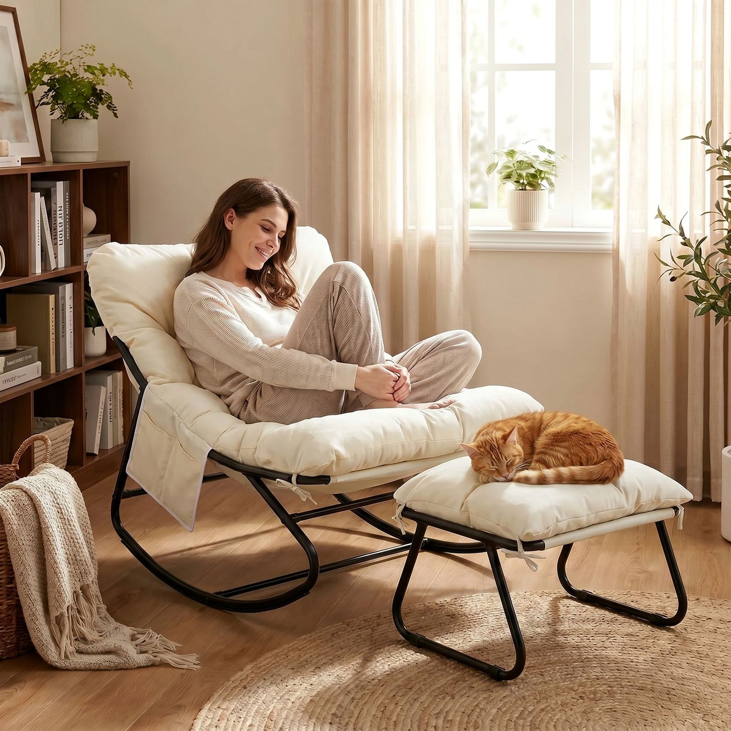 LAZY BUDDY Large Papasan Rocking Chair with Ottoman, Patio Lounge Chair Rocker with 7.4'' Thick Cushion, for Indoor Outdoor Use
