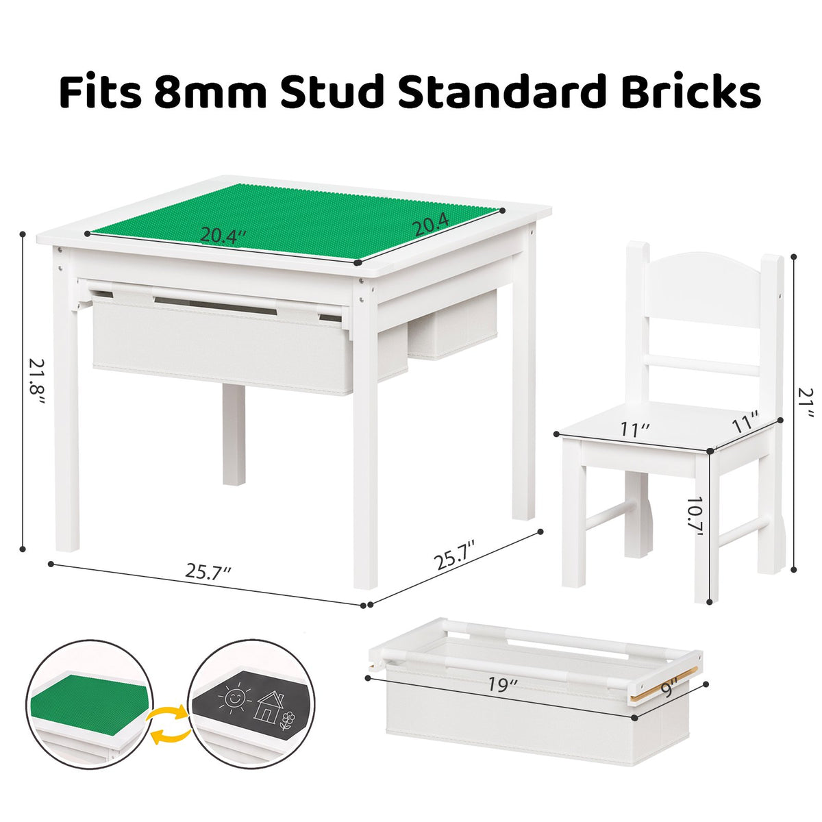 LAZY BUDDY Wooden Toddler Table and Chairs Set, Kids Play Activity Table Set with Reversible Tabletop & 2 Storage Drawers, for Drawing Reading Dining