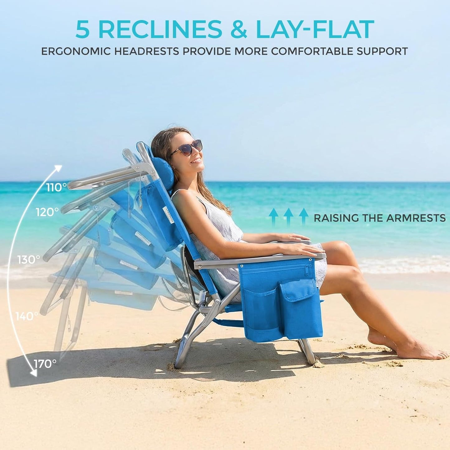 LAZY BUDDY  Low Beach Chair, Backpack Beach Chair for Adults with 5-Position, Lightweight Folding Beach Camping Chairs with Cup Holder, Storage Bag