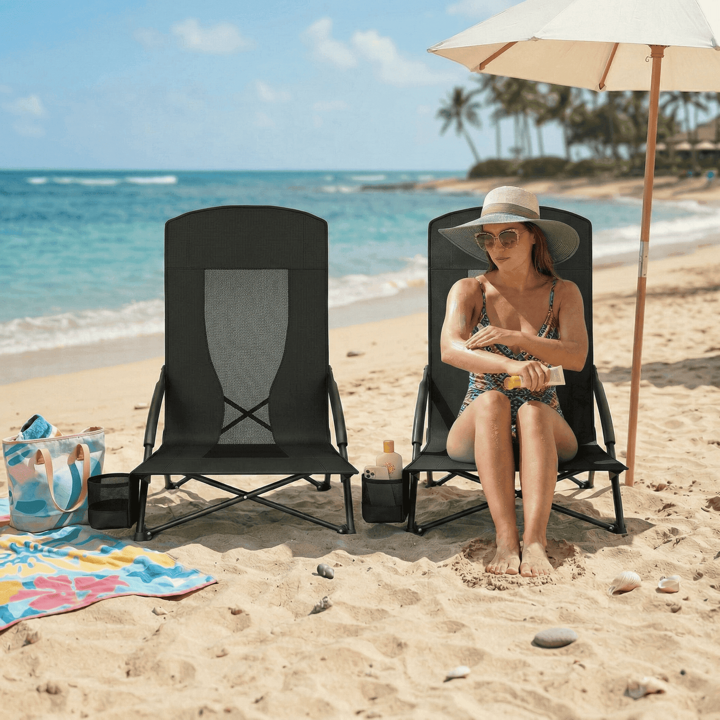 LAZY BUDDY High Back Beach Chair Set of 2, Portable Folding Low Seat Chair for Camping, Beach, Outdoor Concert, 350lbs