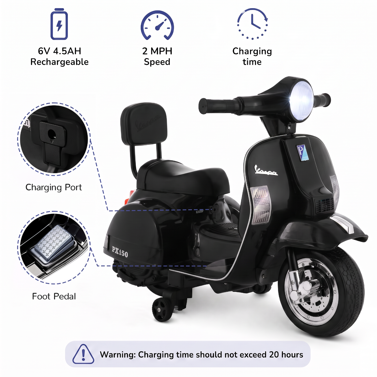 LAZY BUDDY Licensed Vespa Ride on Scooter, 6V Electric Motorcycle for Kids with Training Wheels, LED Headlight, Ride on Toy Gift for 3+