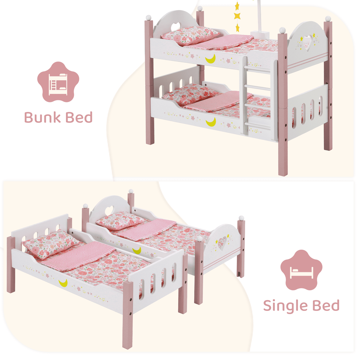 LAZY BUDDY Wooden Bunk Bed for Dolls up to 19in, Baby Dolls Crib with Bedding, Pretend Play Toy for Kids 3+