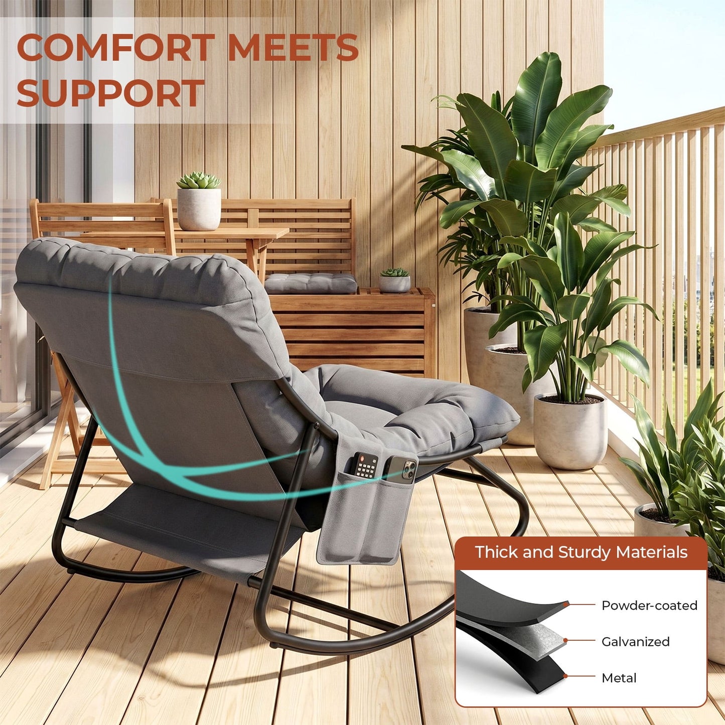 LAZY BUDDY Oversized Outdoor Rocking Chair, Comfy Papasan Rocker Chair with Thick Cushions for Living Room, Bedroom, Balcony, Patio