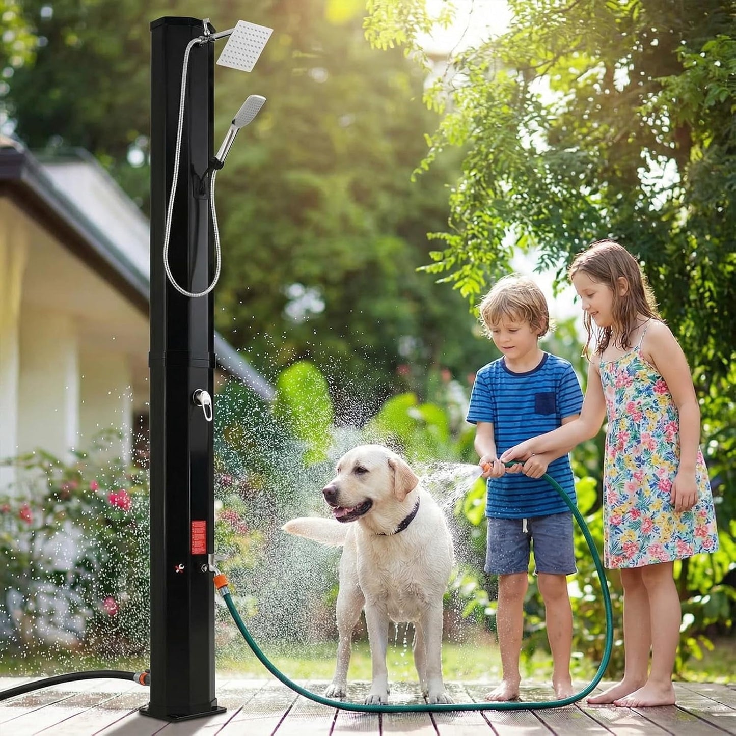 LAZY BUDDY 9.3/10.6/16 Gallon Solar Heated Outdoor Shower, 7.5FT Height Freestanding Outside Shower with 360° Swivel Shower Head, Handheld Shower & Foot Faucet, Temperature Adjustment