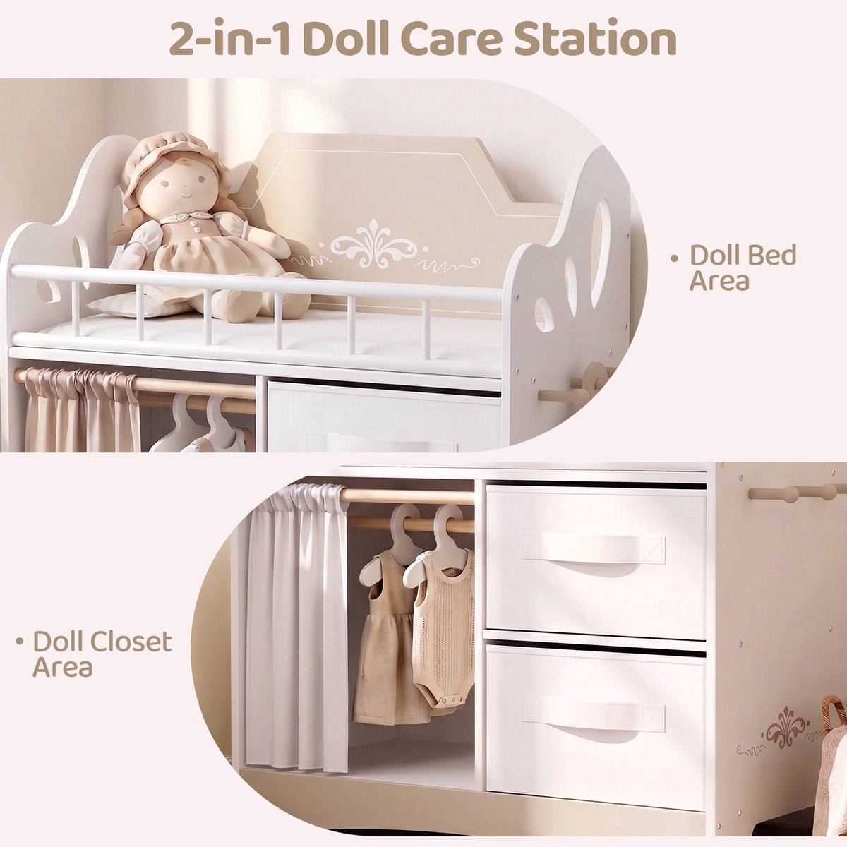 LAZY BUDDY Baby Doll Cirb, Wooden Doll Bed with 2 Storage Drawers, 2 Hangers, Pillow & Sheet