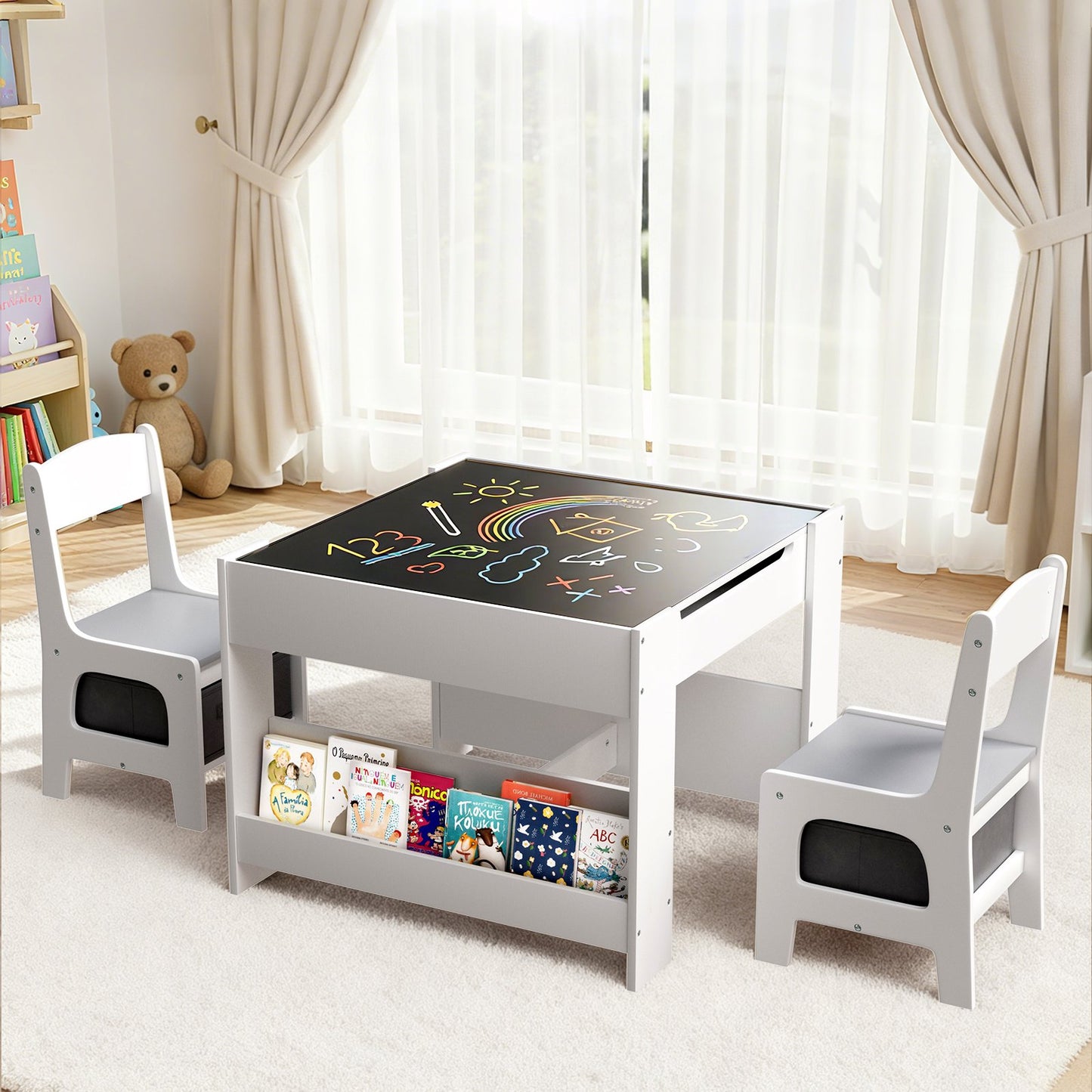 LAZY BUDDY Kids Table and Chairs Set, Toddler Desk with Storage Drawer, Wooden Activity Table Set with Detachable Tabletop, Bookshelf for Classroom/Home/Nursery