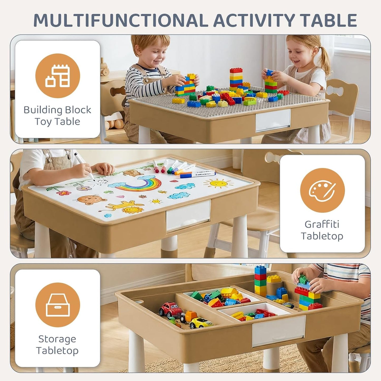 LAZY BUDDY Kids Table and Chairs Set with Storage, Height Adjustable Toddler Activity Table and 2 Chairs Set with 2 in 1 Graffiti/Block Building Desktop, for Playroom, Preschool, Classroom
