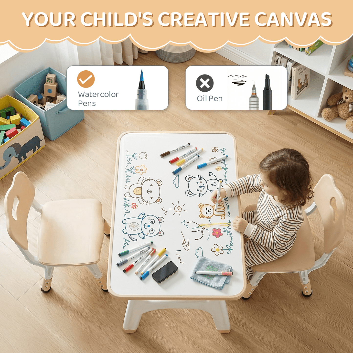 LAZY BUDDY Kids Table and 2 Chairs Set, Toddler Activity Table with Built-in Storage Shelf & Graffiti Desktop, Adjustable Chair