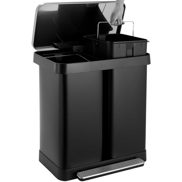 LAZY BUDDY 60L/16 Gallon Dual Trash Can, Stainless Steel Kitchen Garbage Can W/ Foot Pedal, Classified Recycle Garbage Bin W/ 2 Compartments