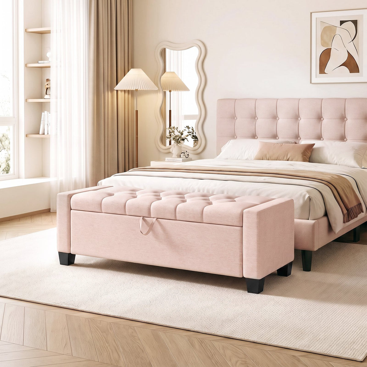 LAZY BUDDY 48'' Ottoman with Storage, Upholstered Storage Ottoman Bench with Safety Hinge, for Bedroom, Living Room, Entryway