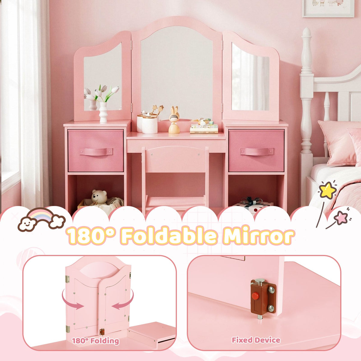 LAZY BUDDY Kids Vanity Set with Mirror and Stool, Toddler Makeup Dressing Table with Chair, Drawers & Storage Shelves, Wooden Princess Pretend Play Vanity for Girls Bedroom