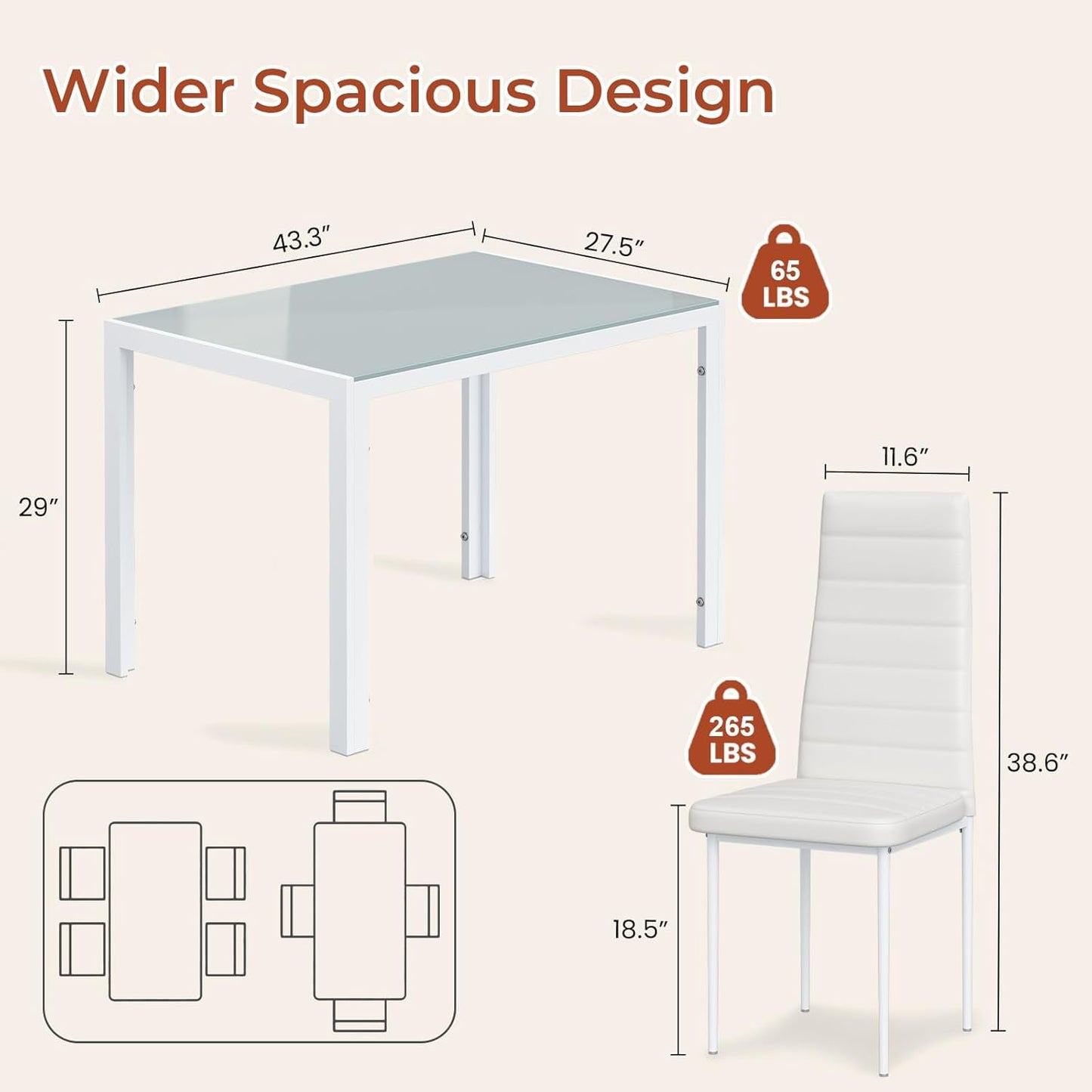 LAZY BUDDY 5-Piece Kitchen Dining Table Set, Modern Table and 4 Faux Leather Chairs with Tempered Glass Tabletop for Dining Room