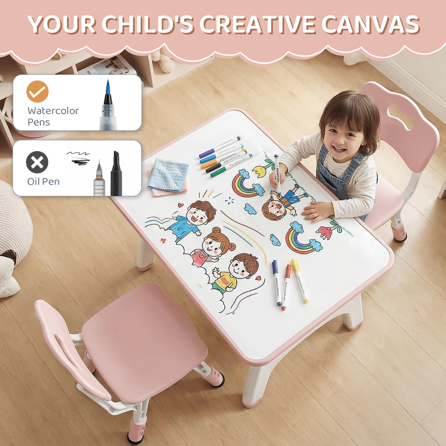 LAZY BUDDY Kids Table and 2 Chairs Set, Toddler Activity Table with Built-in Storage Shelf & Graffiti Desktop, Adjustable Chair