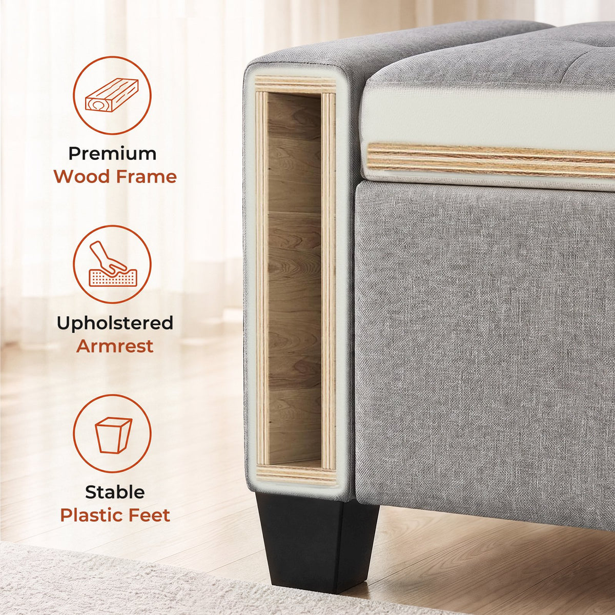 LAZY BUDDY 48'' Ottoman with Storage, Upholstered Storage Ottoman Bench with Safety Hinge, for Bedroom, Living Room, Entryway