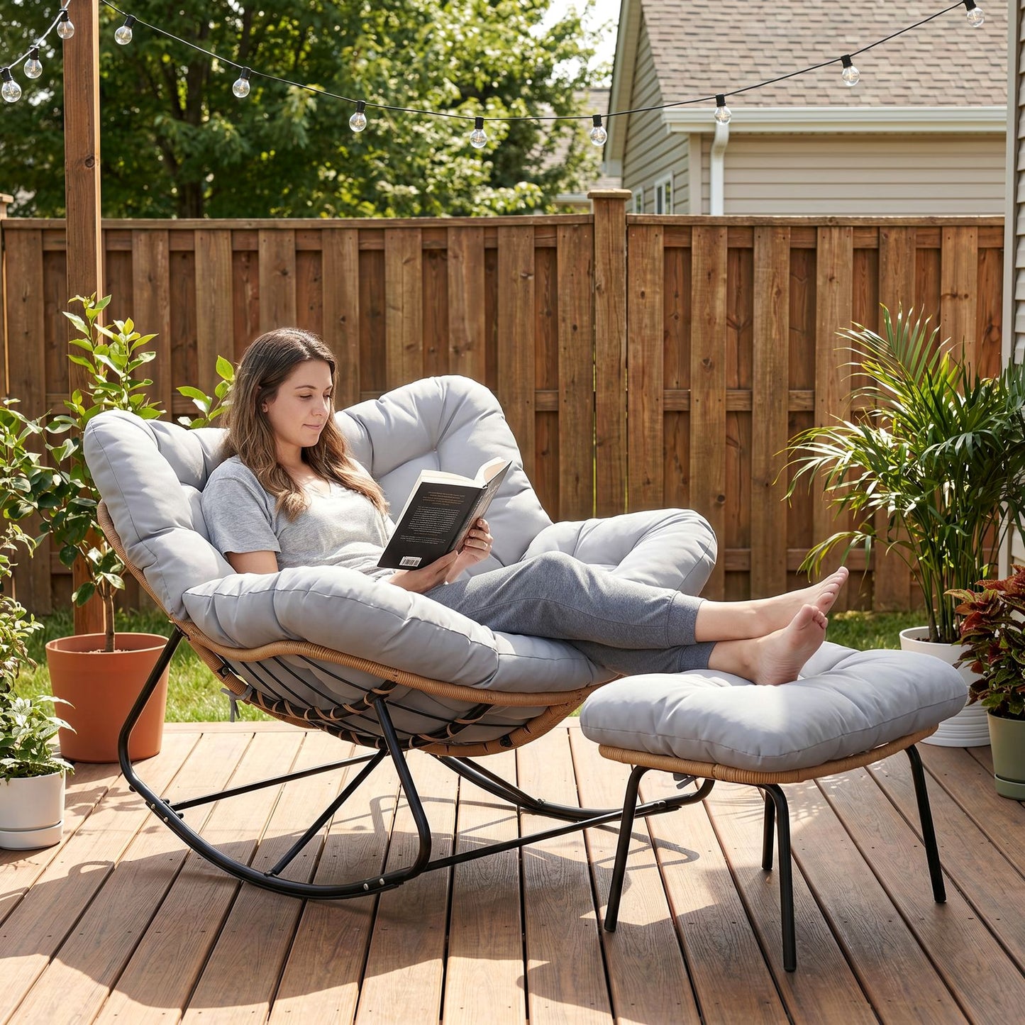 LAZY BUDDY Outdoor Rocking Chair with Ottoman, Oversized Papasan Rocking Chair with Thick Cushion, Indoor Outdoor Cozy Rocker for Balcony, Living Room, Patio