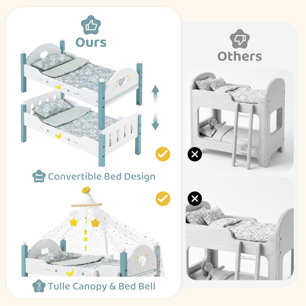 LAZY BUDDY Wooden Bunk Bed for Dolls up to 19in, Baby Dolls Crib with Bedding, Pretend Play Toy for Kids 3+